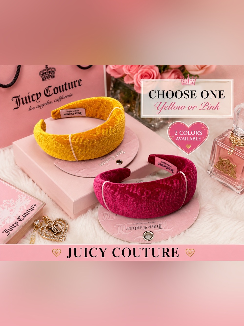 ✨ NWT Juicy Couture Plush Velvet Padded Monogram Headband – Choose Pink or Yello